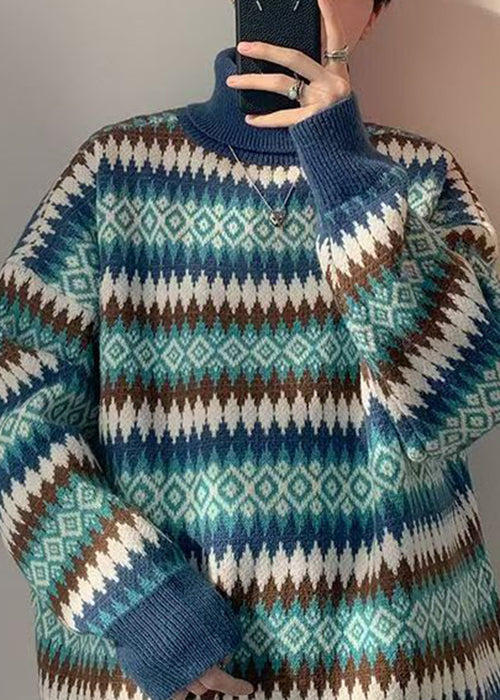 French Blue Striped Knit Sweaters Turtleneck Winter