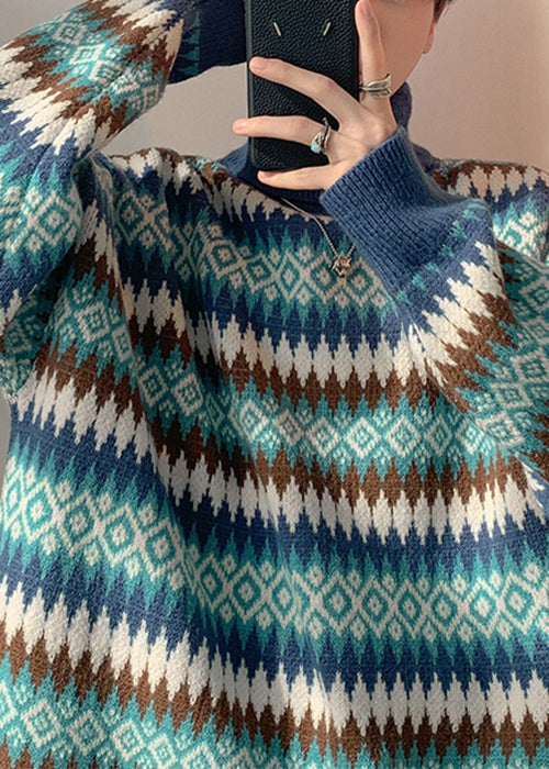 French Blue Striped Knit Sweaters Turtleneck Winter