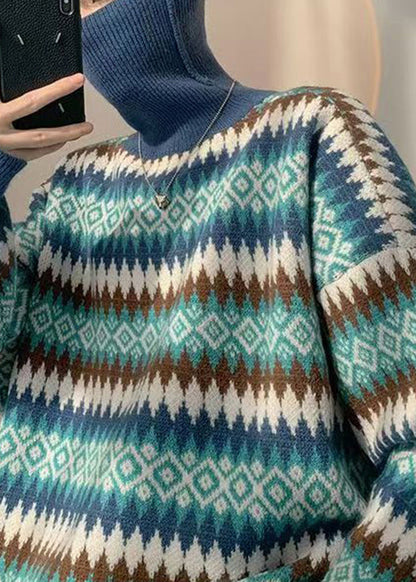 French Blue Striped Knit Sweaters Turtleneck Winter