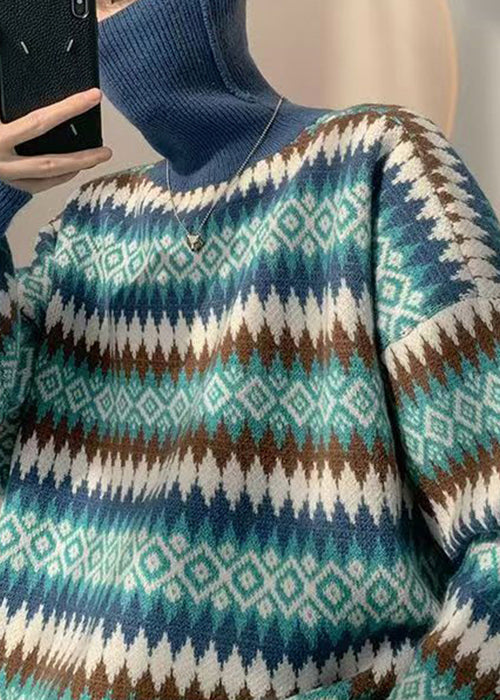 French Blue Striped Knit Sweaters Turtleneck Winter