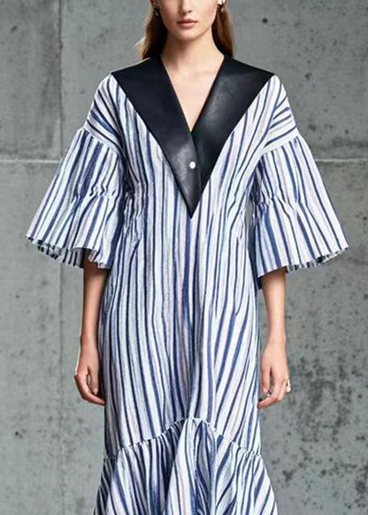 French Blue Striped Patchwork Pu Cotton Long Dress Summer