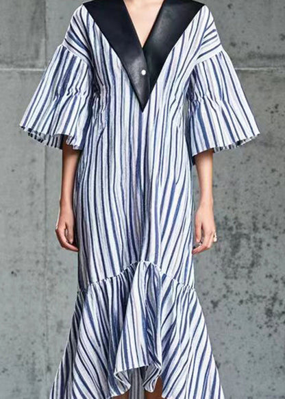 French Blue Striped Patchwork Pu Cotton Long Dress Summer