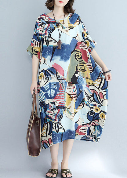 French Blue Tie Dye Print O-neck Pocket Cotton Holiday Dress Short Sleeve