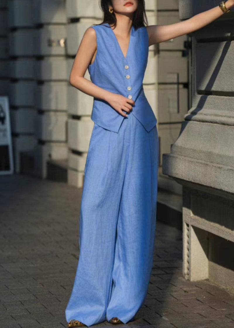 French Blue Tops and Pants Linen Two Pieces Set Sleeveless
