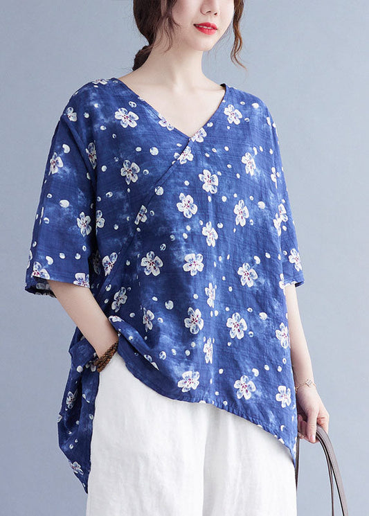 French Blue V Neck Print Asymmetrical Design Fall Half Sleeve Shirt Top