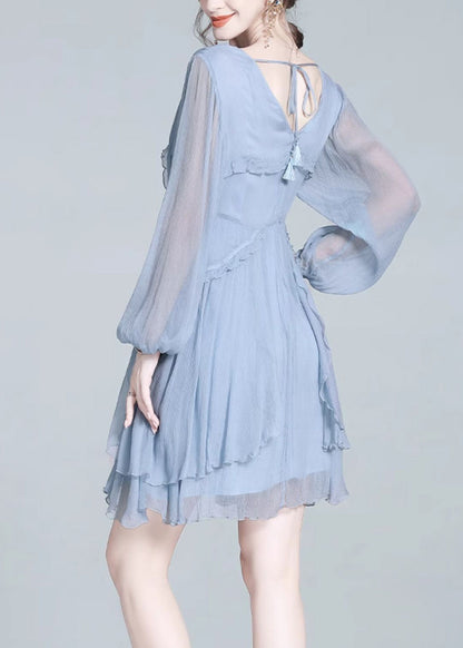 French Blue V Neck Ruffled Patchwork Silk Mid Dress Summer