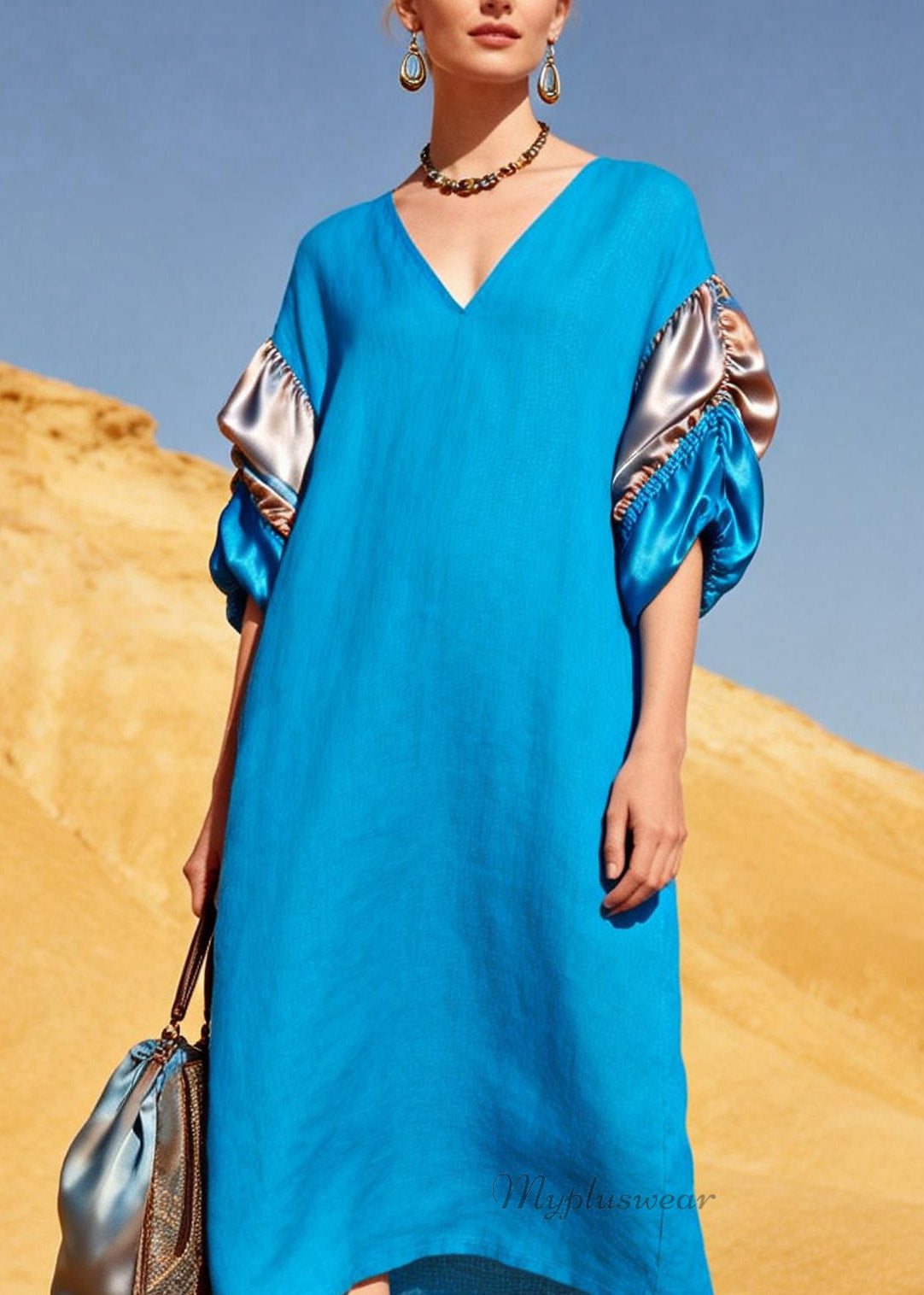 French Blue V Neck Silk Patchwork Linen Vacation Dresses Summer