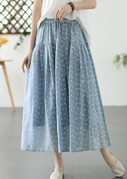 French Blue Wrinkled Print Elastic Waist Patchwork Cotton Skirt Summer
