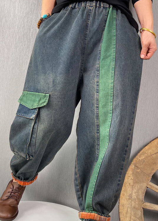 French Blue Patchwork Denim Pants Spring