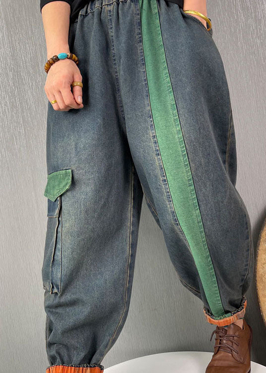 French Blue Patchwork Denim Pants Spring