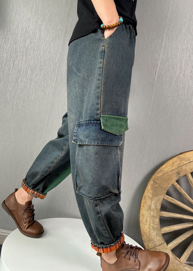 French Blue Patchwork Denim Pants Spring
