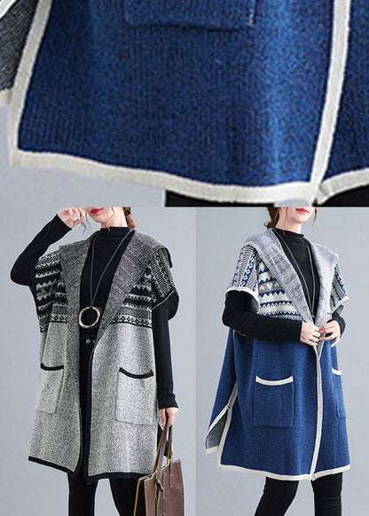 French Blue Hooded Side Open Short Sleeve Fall Knit Sweaters Coat