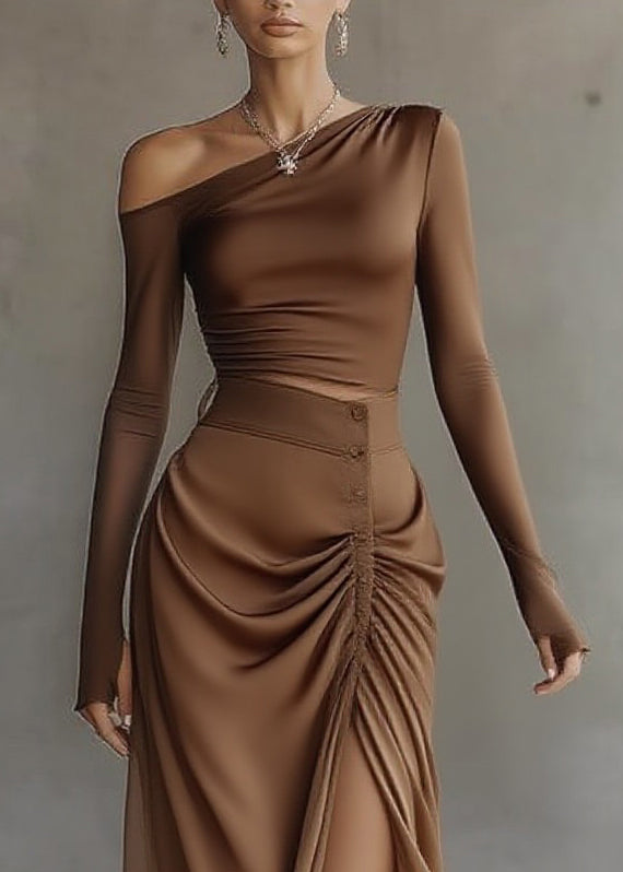 French Brown Asymmetrical Top and Maxi Skirts Two Pieces Set Spring