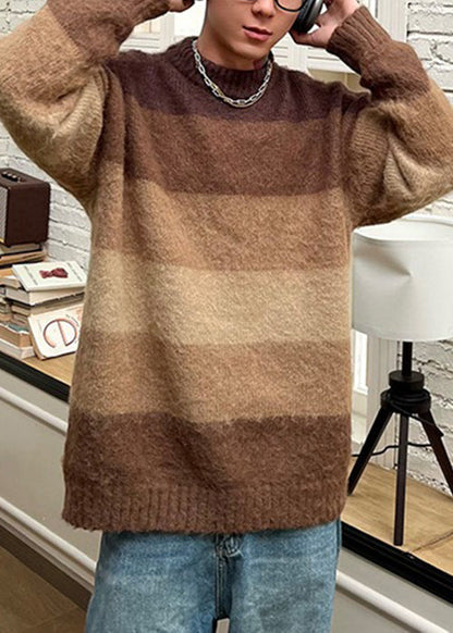 French Brown O Neck Striped Knit Sweaters Spring