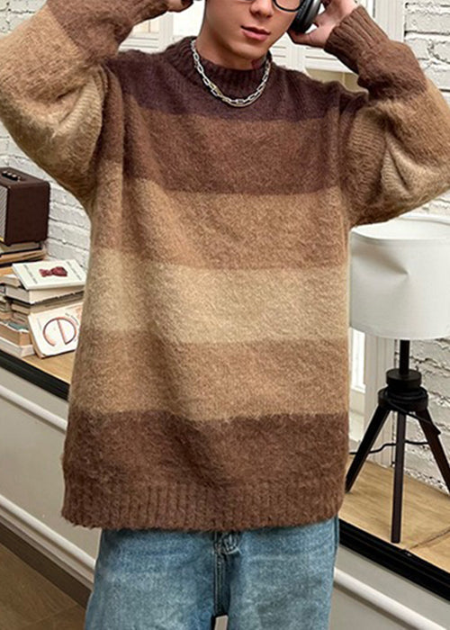 French Brown O Neck Striped Knit Sweaters Spring