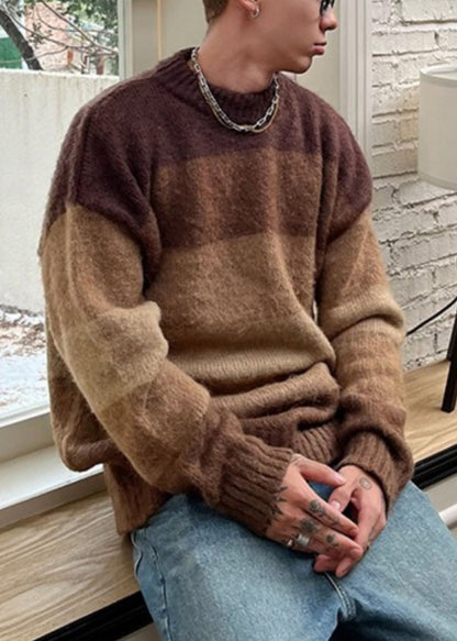 French Brown O Neck Striped Knit Sweaters Spring