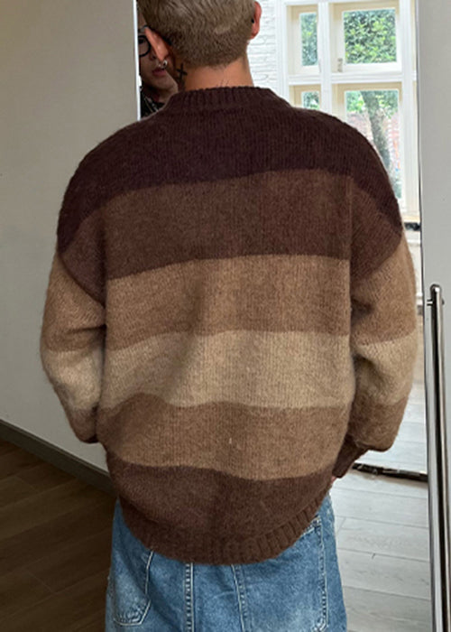 French Brown O Neck Striped Knit Sweaters Spring