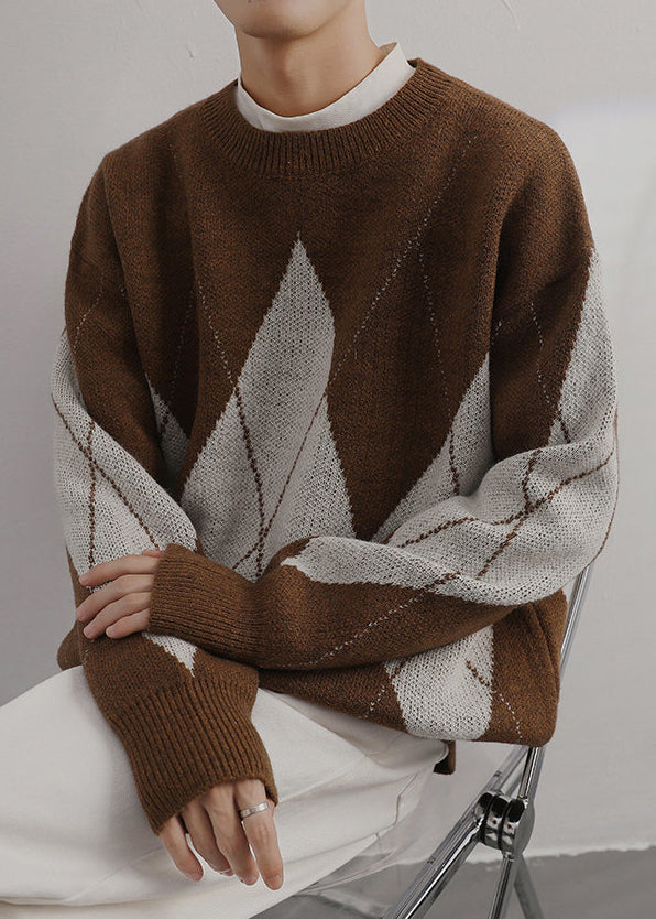 French Brown Plaid O Neck Patchwork Knit Sweaters Spring