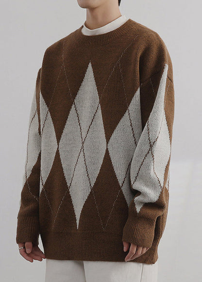 French Brown Plaid O Neck Patchwork Knit Sweaters Spring