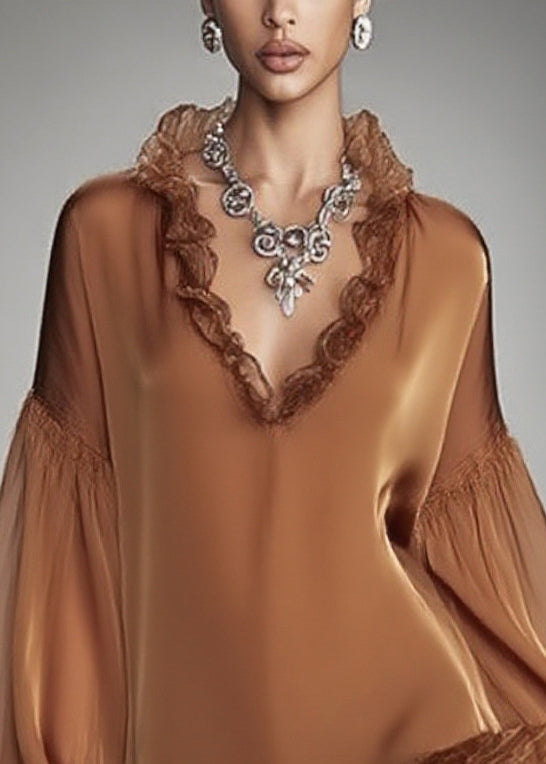French Brown Ruffles Patchwork Chiffon Mid Dress Spring