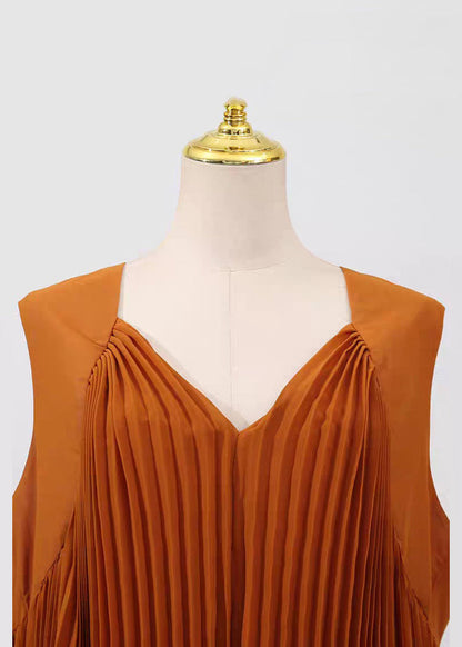 French Brown V Neck Wrinkled Chiffon Long Dresses Sleeveless