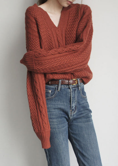 French Caramel V Neck Retro Knit Top Winter