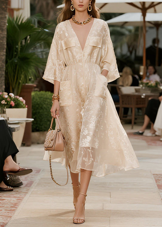 French Champagne Jacquard Pockets Tulle Party Dress Summer