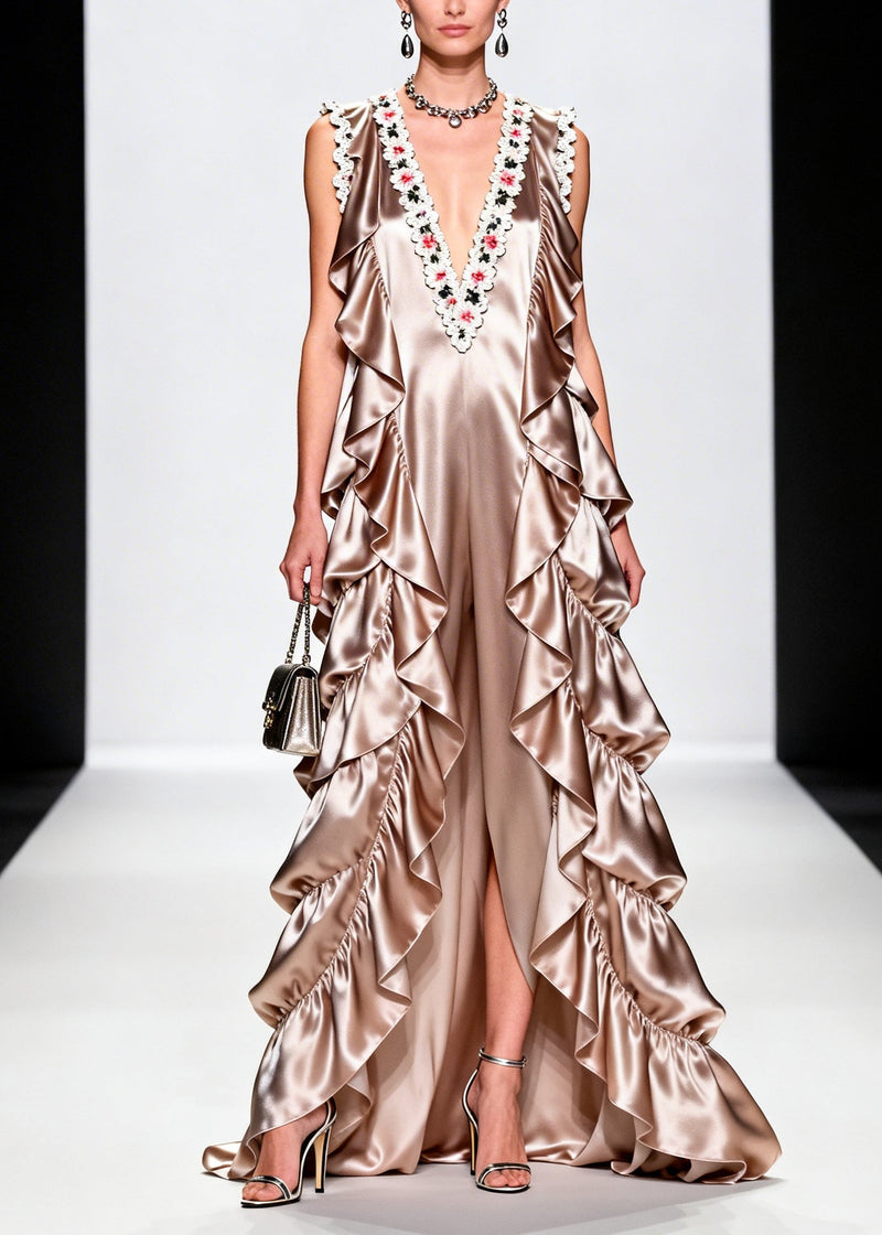 French Champagne Ruffled Silk Vacation Dresses Sleeveless
