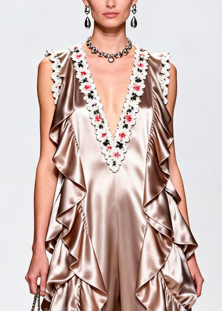 French Champagne Ruffled Silk Vacation Dresses Sleeveless