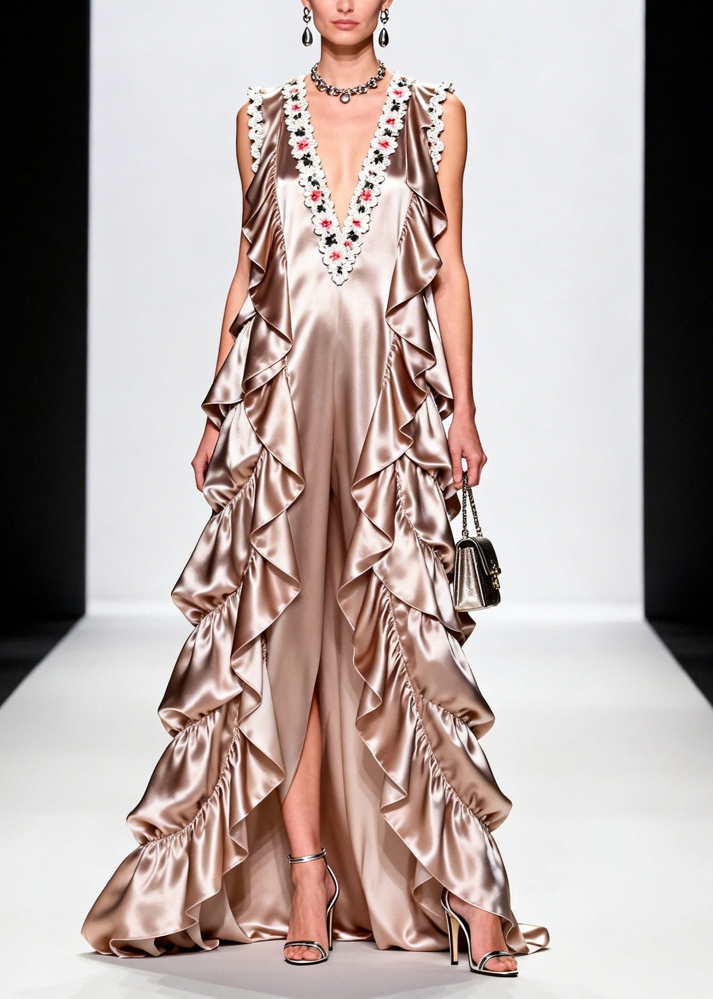 French Champagne Ruffled Silk Vacation Dresses Sleeveless