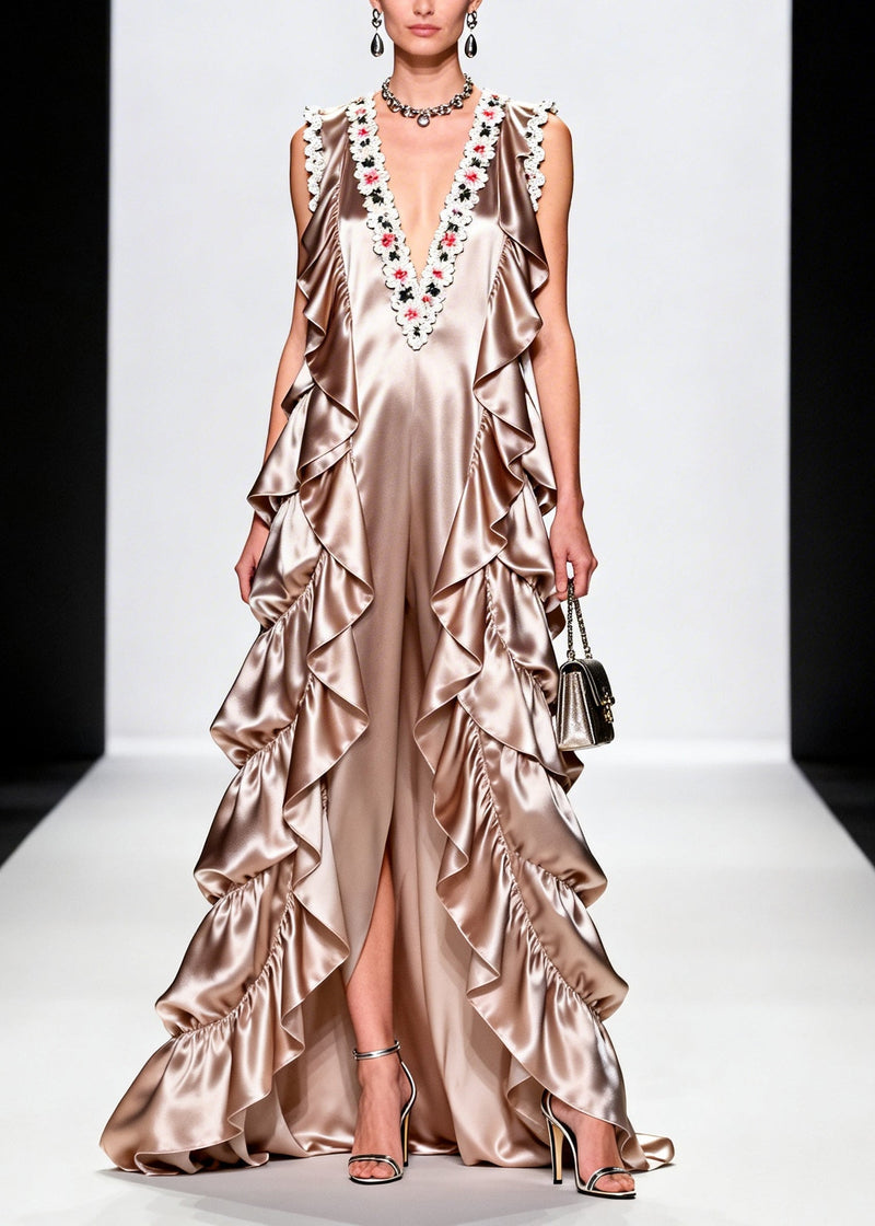 French Champagne Ruffled Silk Vacation Dresses Sleeveless