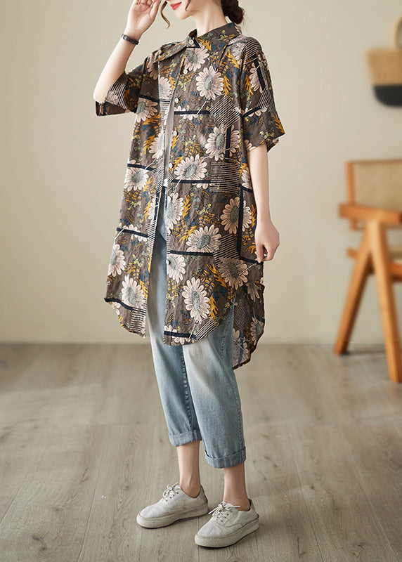 French Chocolate Peter Pan Collar Print Cotton Shirt Dresses Summer