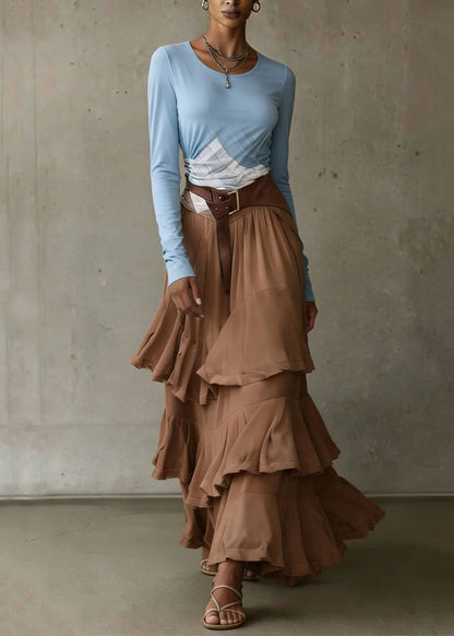 French Coffee Asymmetrical Ruffled Patchwork Chiffon Skirt Spring