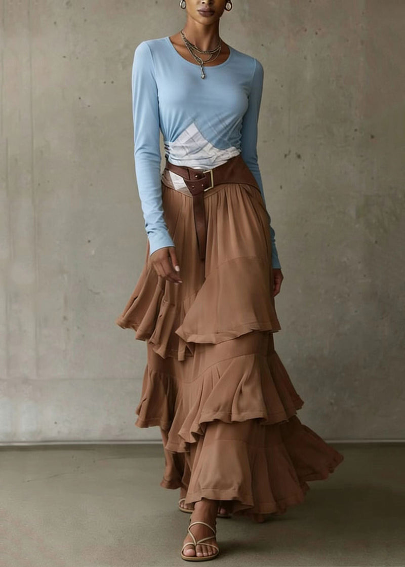 French Coffee Asymmetrical Ruffled Patchwork Chiffon Skirt Spring