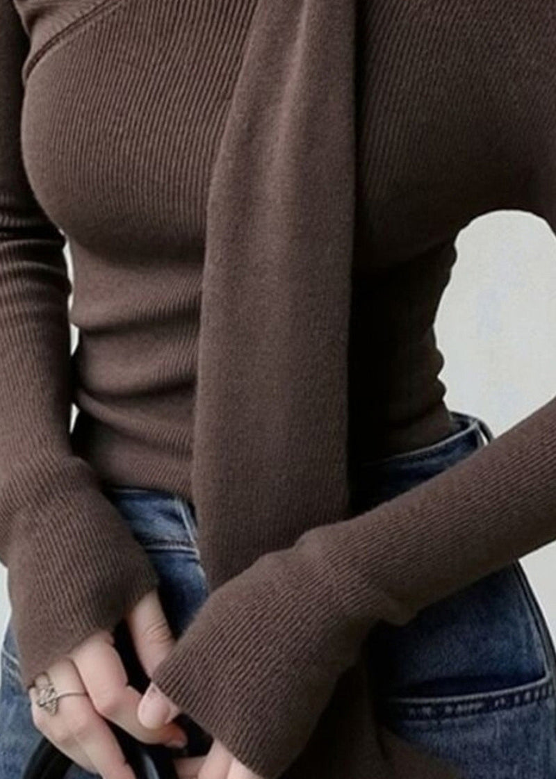 French Coffee Cold Shoulder Knit Top Spring