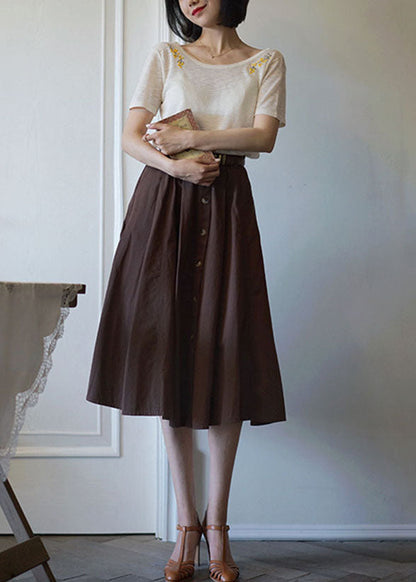 French Coffee High Waist Single Breasted Cotton a Line Skirts Spring