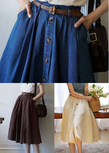 French Coffee High Waist Single Breasted Cotton a Line Skirts Spring