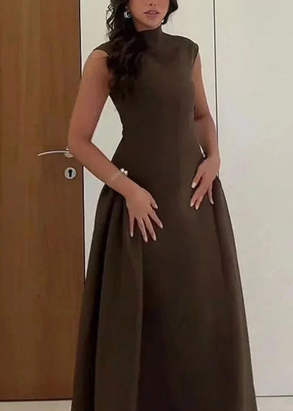 French Coffee Turtleneck High Waist Cotton Long Dress Sleeveless