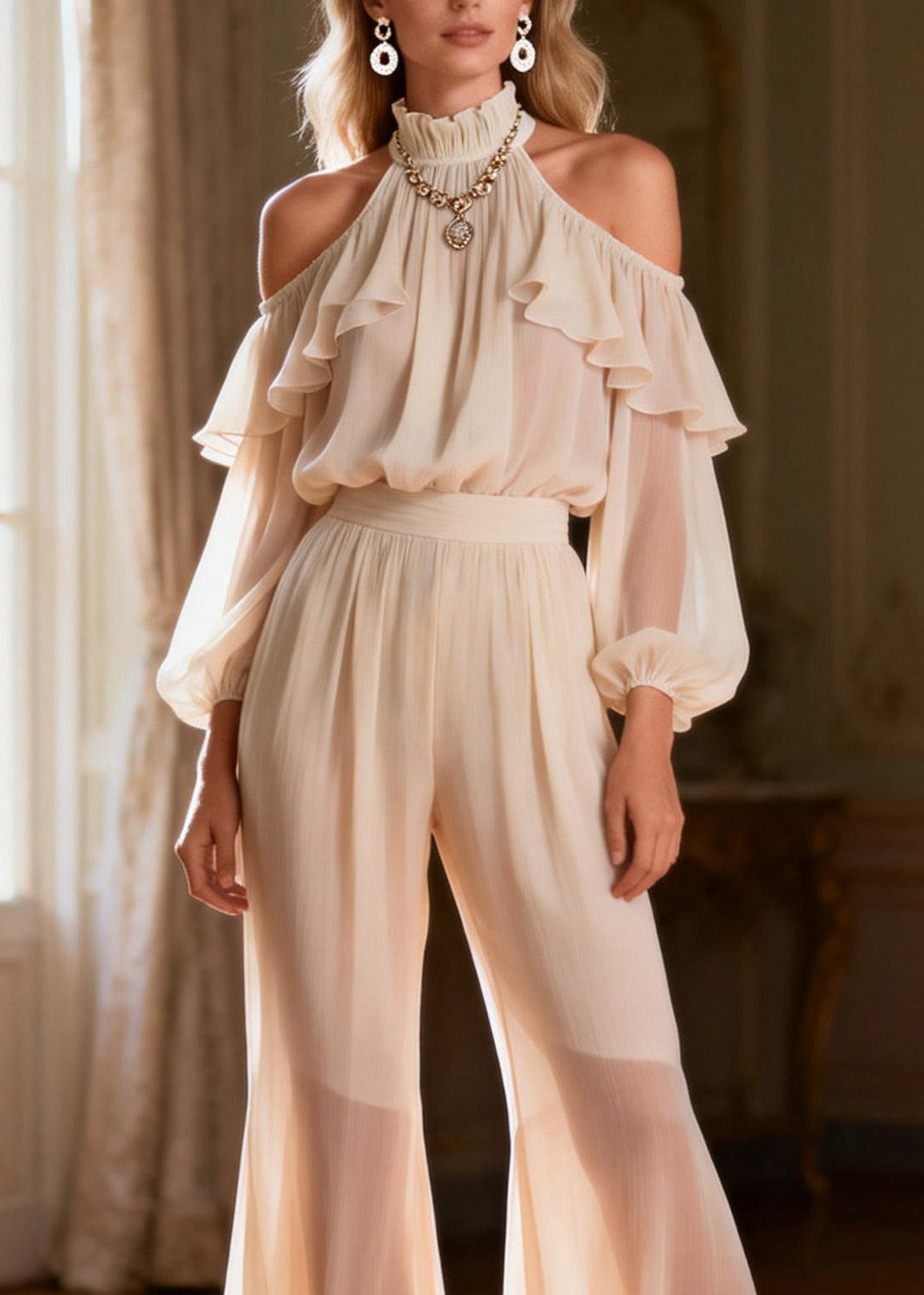 French Cold Shoulder Ruffled Patchwork Silk Two Pieces Set Spring