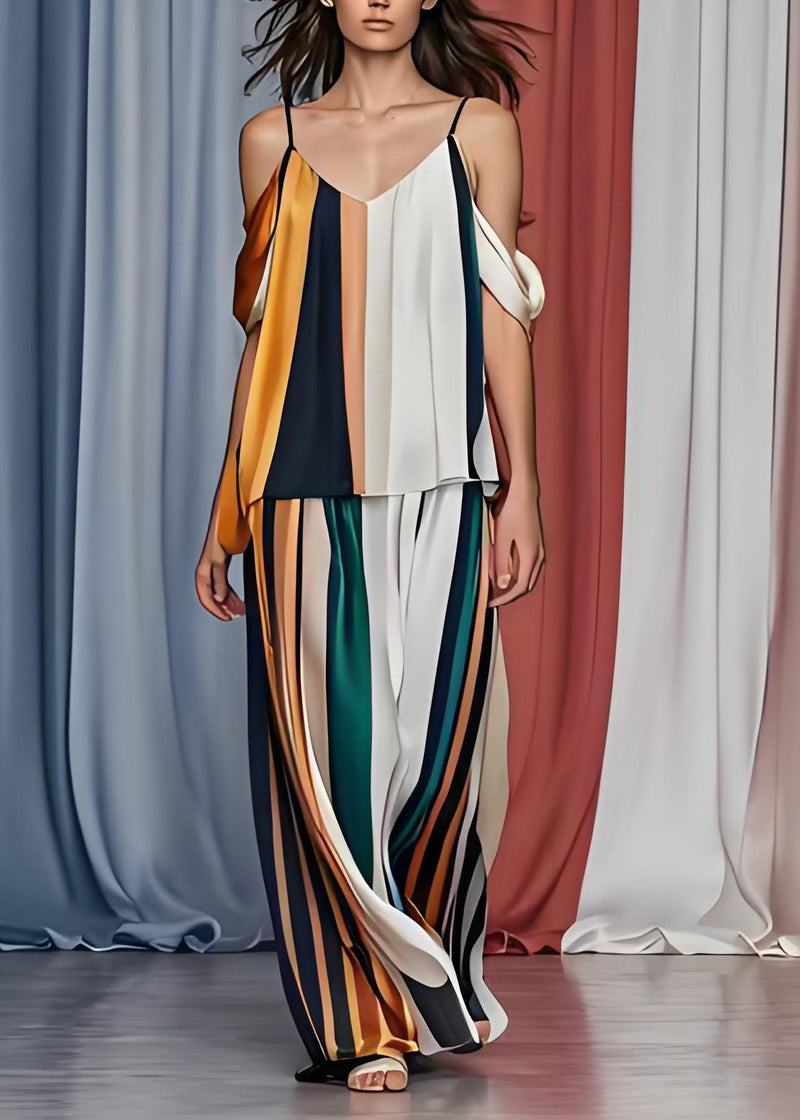 French Cold Shoulder Striped Silk Tops and Pants Set Sleeveless