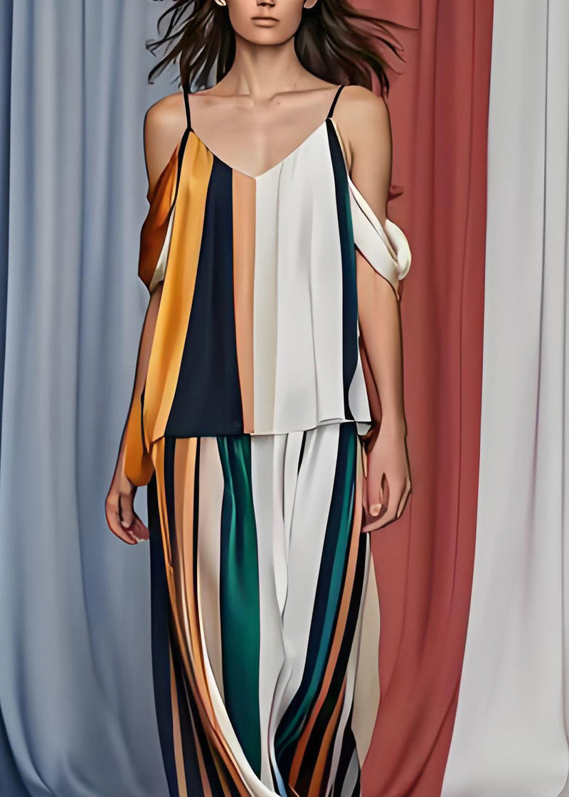 French Cold Shoulder Striped Silk Tops and Pants Set Sleeveless
