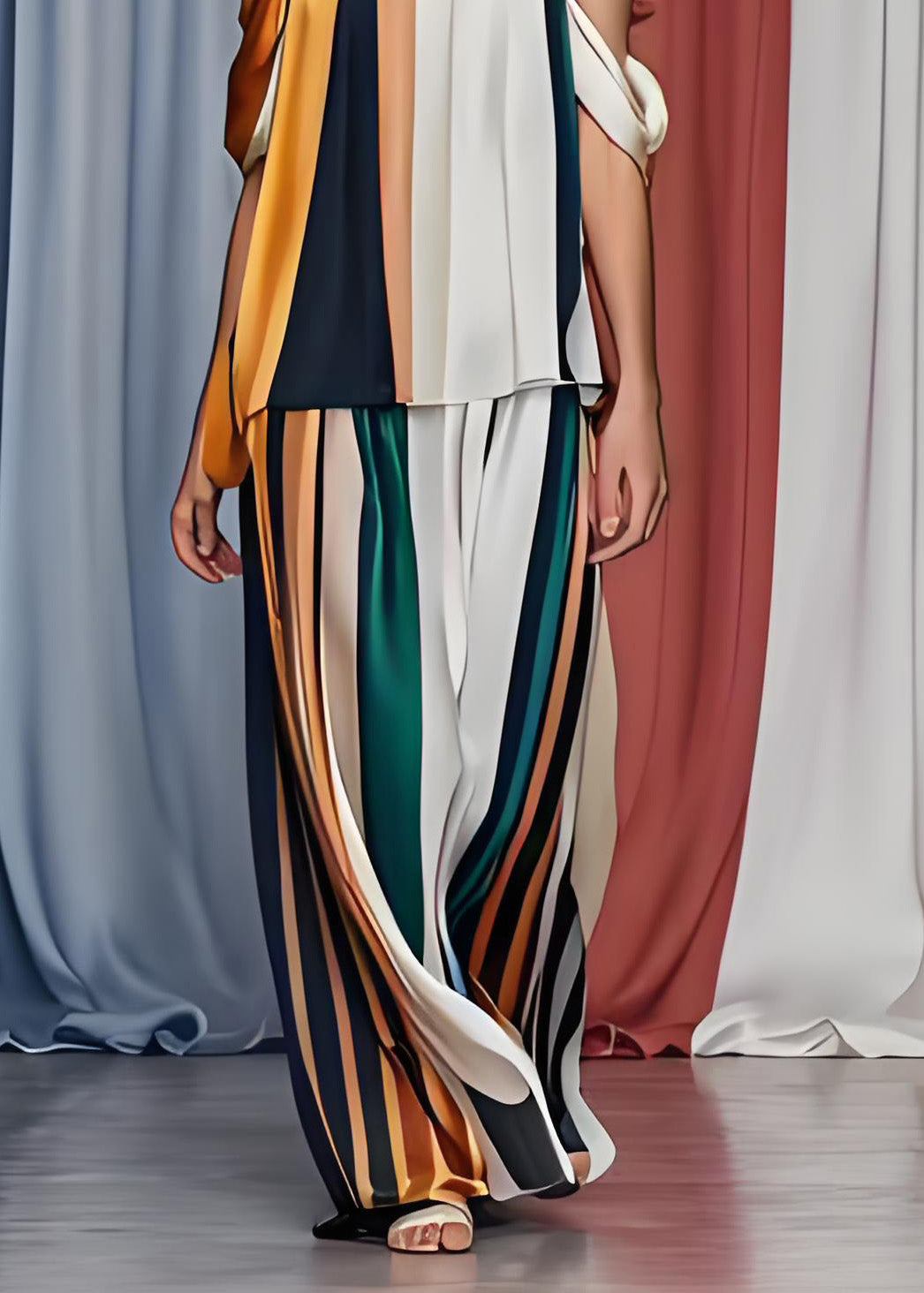 French Cold Shoulder Striped Silk Tops and Pants Set Sleeveless