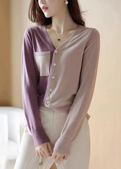 French Colorblock Asymmetrical Button Patchwork Knit Coats Long Sleeve