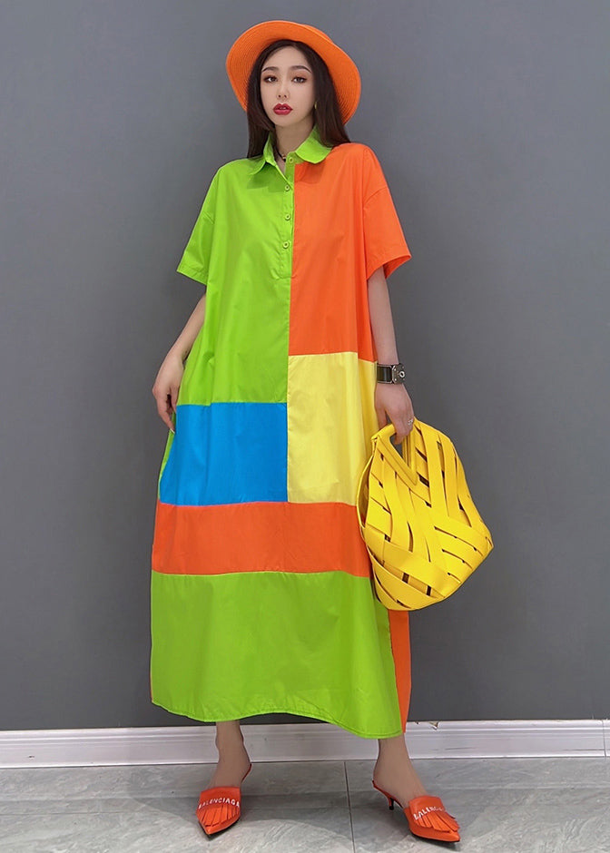 French Colorblock Peter Pan Collar Patchwork Cotton Dresses Short Sleeve