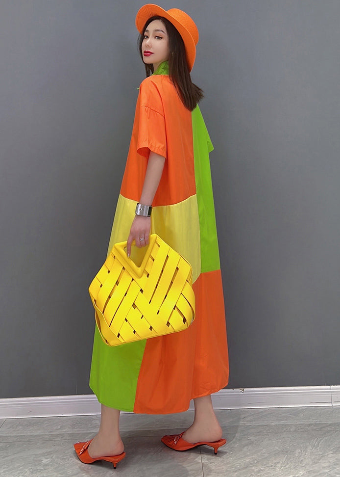 French Colorblock Peter Pan Collar Patchwork Cotton Dresses Short Sleeve
