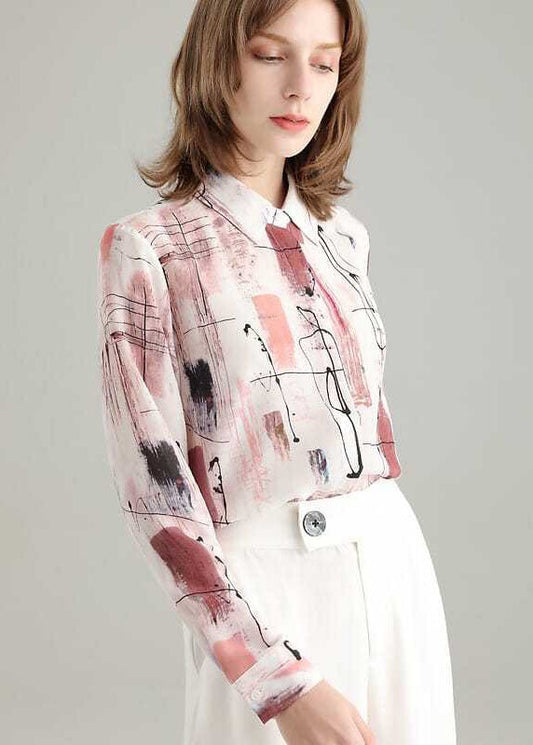 French Colorblock Peter Pan Collar Print Silk Shirt Tops Spring