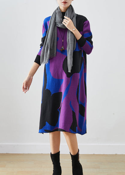 French Colorblock Turtle Neck Print Knit a Line Dresses Fall
