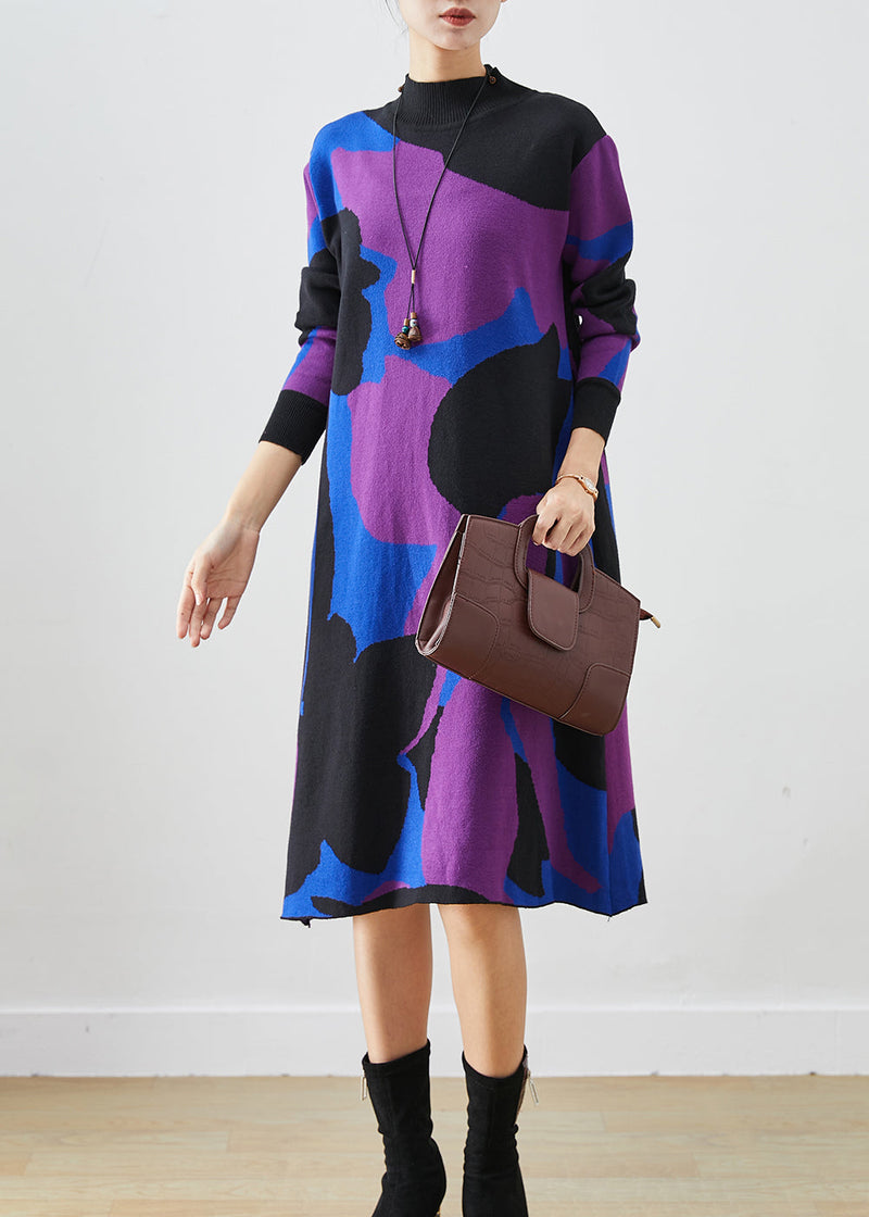 French Colorblock Turtle Neck Print Knit a Line Dresses Fall