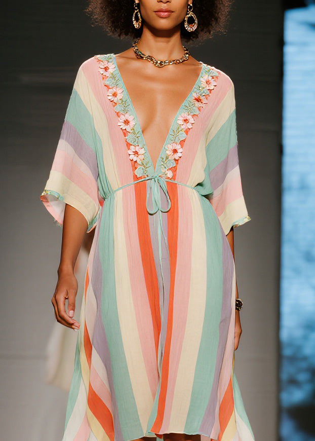 French Colorblock V Neck Cotton Mid Dresses Summer