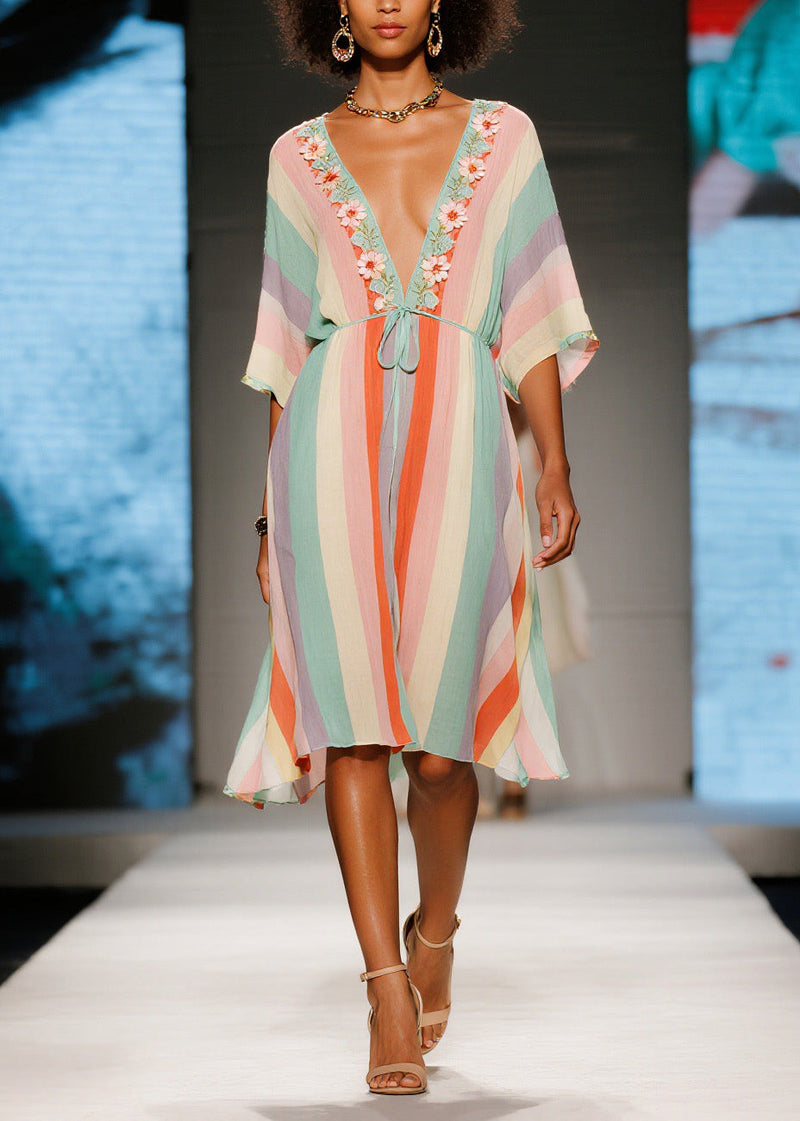 French Colorblock V Neck Cotton Mid Dresses Summer